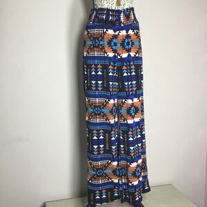 Bold pattern smocked waist pants floaty orange blue waist 24”-36” inseam 31” S